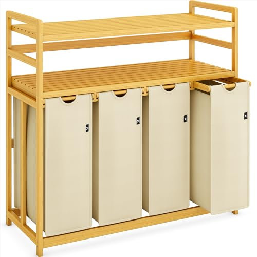 AdelDream Premium Wäschekorb 200L – Wäschesortierer mit 4 Fächern & 2 Ablagen, Bambus Wäschebox mit ausziehbarem & abnehmbarem Wäschesack, Beige