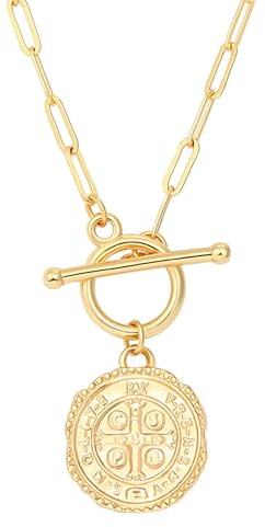CANEVINKA - Collares con colgante de medallón de 18K oro para mujer, medallas de San Benito, medallas de monedas con cruz, collares minimalistas de protección del mal, joyería religiosa católica