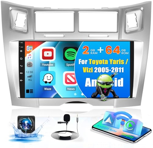 [2G+64G] Hikity Autoradio Android 15 pour Toyota Yaris/Vizi 2005-2011, Carplay sans Fil Android Auto 9 Pouces Écran Tactile avec GPS, WLAN, Bluetooth, Mirror Link, FM/RDS, MIC, Caméra de Recul