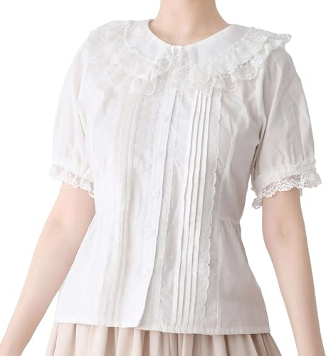 Cuteighteen Lolita - Blusas de manga corta para mujer, cuello Peter Pan, estilo victoriano, vintage, kawaii, encaje, con volantes, a la moda, para el verano, Blanco, XL
