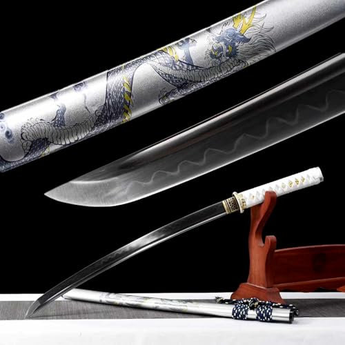 78cm handgefertigtes Wakizashi,Klinge aus T10-Stahl mit handgebranntem Wellenmuster,Scheide aus massivem Holz mit Lack,echtes Samurai schwert für Spielen,Selbstverteidigung,Kampfsportarten,Sammlung