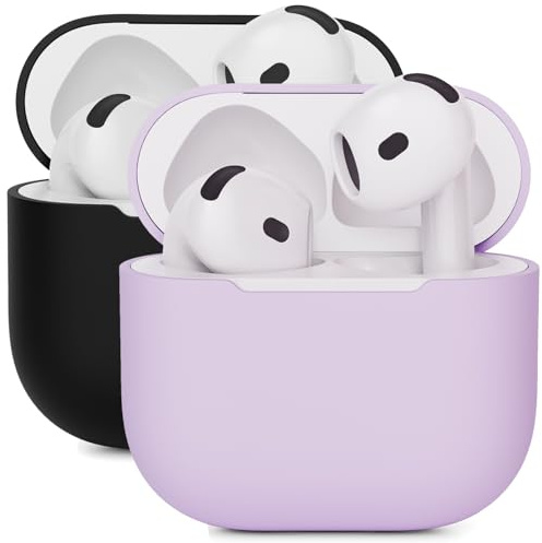 2X Mocarheri Custodia in Silicone Compatibile con AirPods 4 2024,Custodia protettiva in silicone per AirPods 4,Custodia antiurto in silicone morbido,LED Frontale Visibile (Nero/Viola chiaro)