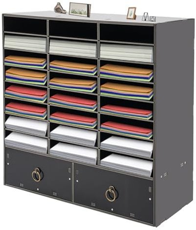 24 Fächer Büro Schreibtisch Organizer mit 2 Schubladen, A4 Briefablage Dokumentenhalter Aktenablage Zeitschriftenhalter Briefablage Papier Magazin Organisator 71.5x30x70cm (Schwarz)