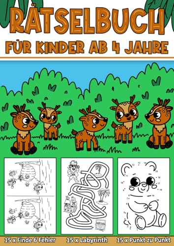 Rätselbuch für Kinder ab 4 Jahre: DIN A4 Format - Spannendes Beschäftigungsbuch mit Labyrinthen, Punkt zu Punkt, Ausmalbilder und Finde den Fehler Aufgaben