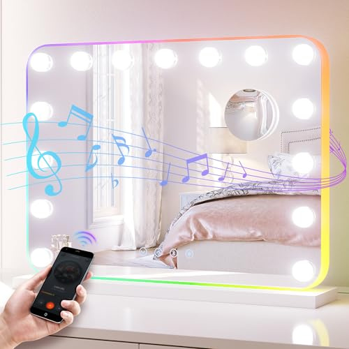 SONNI Specchio modello Hollywood con Bluetooth, specchio da trucco con modalità RGB e luce a 3 temperature di colore, 15 lampade LED, grande specchio cosmetico con controllo touch e funzione di