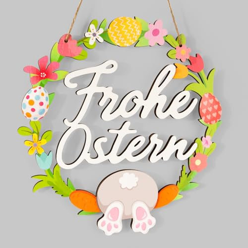 BOFUNX Türschild Frohe Ostern aus Holz 29cm Ostern Holzschild Ostern zum Aufhängen Haustür Fenster Ostern Türkranz mit Hase Osterei Blumen Frohe Ostern Osterdeko