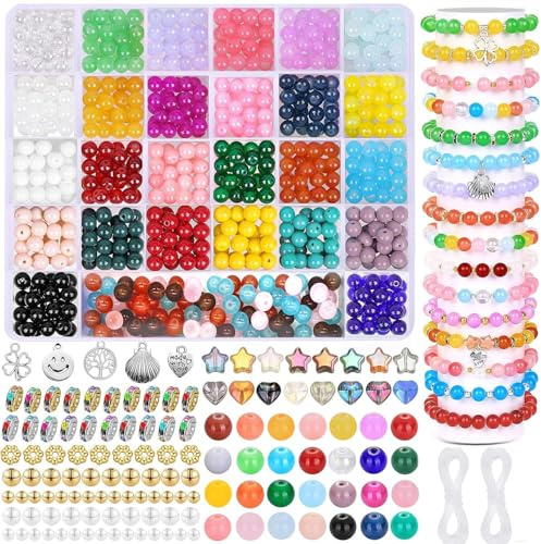 LYMOOR 700 Stück 8mm Glasperlen zum Auffädeln, Bunte Perlen Basteln, 30 Farben Perlen für Armbänder, Glasperlen Groß mit Loch für Halskette Armband DIY Geschenk Schmuck