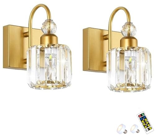 Modern Glass Crystal Wall Sconces Battery Operated Set of 2, with Bulb &Remote, Not Hardwired Bathroom Mirror Wall Lights, Wireless Dimmable Timed Wall Lamp for Hallway Foyer Bedroom(Gold)