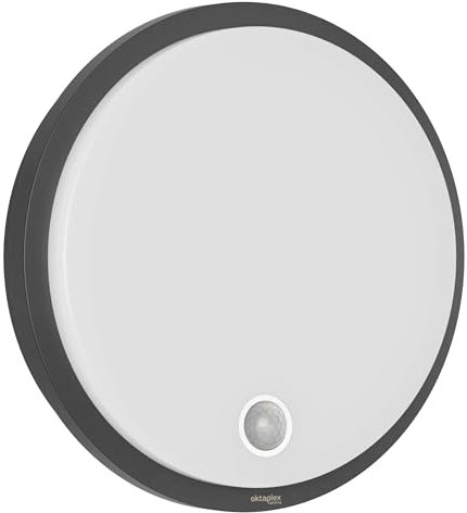 Oktaplex Plato Lampada da Parete con Sensore di Movimento 3000K Bianco Caldo e Interruttore Luce Fissa 1010LM IP65 Rotondo Antracite 10.5W 230V