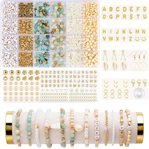 Nilioyul NatüRliche Amazonit Perlen FüR ArmbäNder, Boho Schmuck ArmbäNder Selber Machen Set, DIY Edelstein Pearl Set Mit Holzperlen FüR Kinder Erwachsene