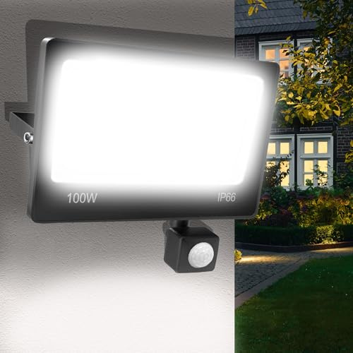 ANNIFUNLY LED Strahler mit Bewegungsmelder Außen, 100W 10000LM Superhell Außenstrahler 6500K Kaltweiß LED Fluter Aussenlampe IP66 Wasserdicht Aussenleuchte Scheinwerfer für Garage Garten Innenhöfe | 10000LM Superhell Außenstrahler,LED Fluter Aussenleuchte IP66 Wasserdicht Scheinwerfer für Garage Garten