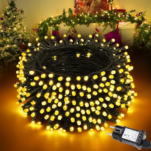 Moxled Warmweiß Gelb Lichterkette Weihnachtsbaum, 40M 350 LED Lichterkette Außen Strom mit 9 Modi, Timer, Erweiterbar, Dimmbar Warmweiß Weihnachtsbeleuchtung Außen for Garten Party Weihnachtsdeko
