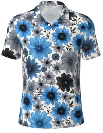 Polo à manches courtes avec imprimé floral de dahlia pour le sport, la randonnée, les vacances, usage quotidien, Noir/blanc, L