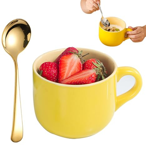Taza para Sopa con Asa, Taza Grande para té de 600 ml, Taza Grande de Cerámica para Café, Taza para Cappuccino, Taza para Café té Cereales, con Cuchara de Acero Inoxidable 304, Amarillo
