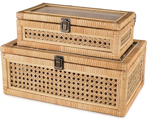 Negom Large Decorative Box Lid Display, Large Keepsake Memory Storage Box, Decorative Box Hinged Lid Woven Rattan Jewelry Box with Glass Boho Vintage Decor Craft Organizer. Rattan