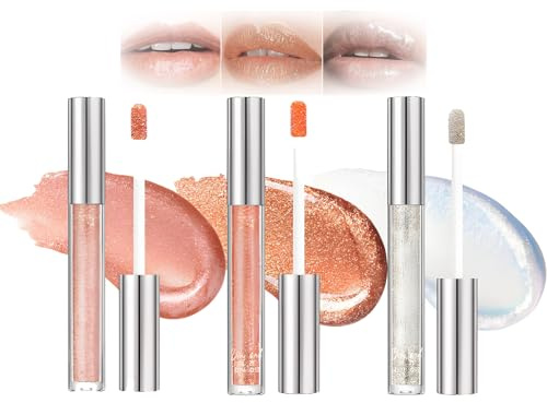 Lip Gloss Set, 3-Piece Shimmer Make-Up Kit, Pink, Coral And Silver | Translucent Iridescent Finish, Screw-Cap Tubes With Wand Applicators, For Everyday Make-Up And Brighter Evening Looks
