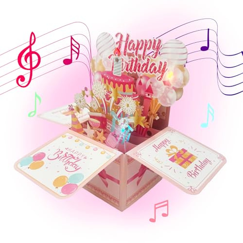 Birthday Card with Music, Pop Up Birthday Cards with Lights, Lights & Blow-Out Candles, Pink Birthday Greeting Card for Women, Daughter, Teacher, Student (style 1)