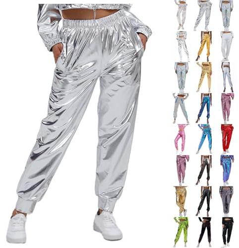 Glitzer Hose Damen Silber Metallic Partyhose Holographische Farbe Streetwear Glänzend Hip-Hop Jogginghose Mode Shiny Elastischer Bund Hosen 70er 80er Disco Outfit Nachtclub Clubwear Karneval Kostüm