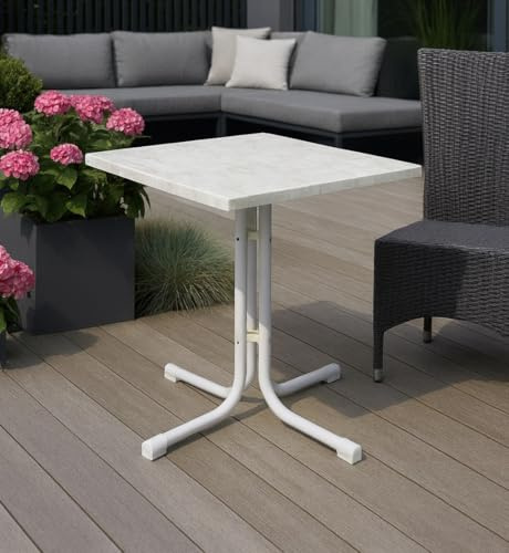 Gardissimo Boulevard Klapptisch Bianco 70 x 70 cm, Gartentisch, wetterfest, platzsparend klappbar, mit Niveauausgleich, weiß Marmor-Optik