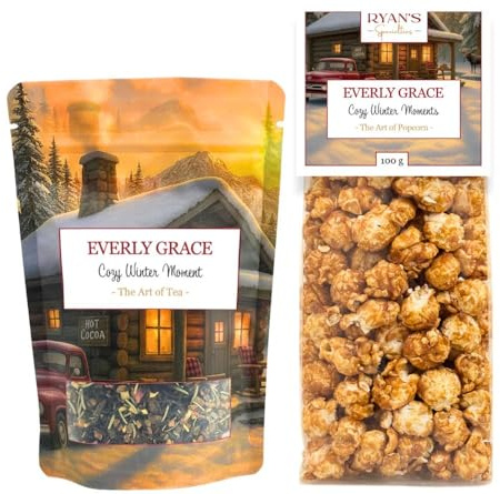 Everly Grace Cozy Winter Set, Popcorn & Bio Schwarztee | Winterliches Genuss-Duo aus würzigem Bio-Schwarztee und Mandel-Karamell-Popcorn. Die ideale Geschenkidee zu Weihnachten