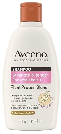 Aveeno Hair Strength + Length Shampoo, Scalp Soothing, For Healthy-Looking Lengths from Root to Tip, Colloidal Oat, Plant Protein Blend, 300ml