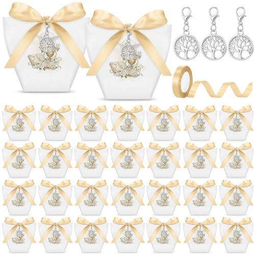 Tenare Set da 30 Pezzi Scatoline Bomboniera per Comunione, Cresima e Battesimo 30 Scatole Regalo Matrimonio 30 Portachiavi Albero della Vita per Festa Matrimonio Anniversario Ospite Ritorno