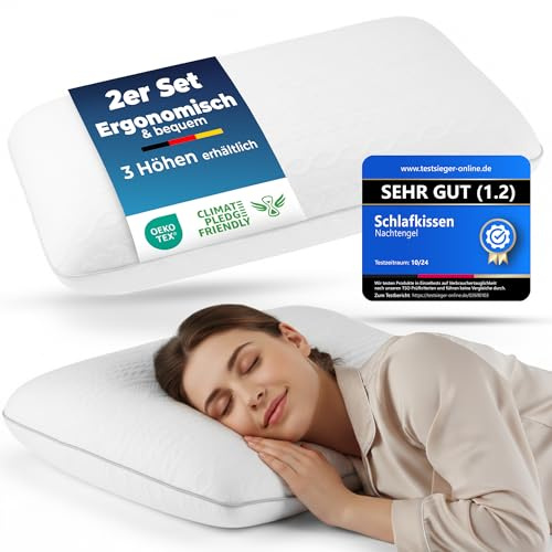 Nattängel, ergonomisk kudde 40 x 60 av minnesskum med nackstöd – ortopedisk kudde, nackkudde, rygg-, mag- och sidosovkudde, sovkudde, Oeko-TEX 12 cm höjd set om 2