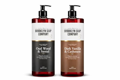 Brooklyn Soap Company Duschgel Männer Bundle – 2x 1L Body Wash (Dark Vanilla & Cashmere, Oud Wood & Santal) – 2-in-1 Duschgel für Haut & Haare – Shower Gel Herren