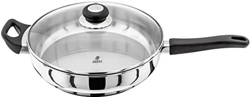 Judge Vista Stainless Steel Large Saute Pan with Helper Handle 28cm, Shatterproof Vented Glass Lid, Induction Ready, Oven Safe
