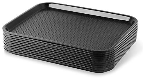 New Star Foodservice Fast Food Tray, 14 x 18 Inch Reusable Plastic Cafeteria Serving Tray, Textured Non-Slip Surface, Stackable Restaurant Tray, Black, Set of 12