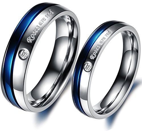 JewelryWe Schmuck 1 Paar Edelstahl Roses Are red Partnerringe Freundschaftsringe Eheringe Trauringe Verlobung Ringe Band, Blau Silber