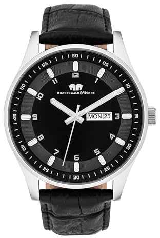 Rhodenwald & Söhne Herren Uhr Edelstahl Silber Quarzwerk 5 ATM | Echtleder Armband, schwarz, Krokodil (Prägung), Zifferblatt schwarz, Mineralglas, Armbanduhr
