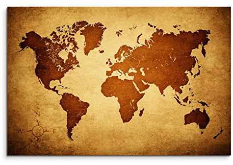 120x80cm Leinwandbild auf Keilrahmen Weltkarte braun beige Wandbild auf Leinwand als Panorama