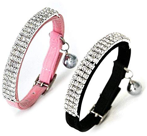 Kingkindshun Verstellbarer Kragen aus weichem Samt mit sicherer Katze Bling Diamante mit Glocken,7.8-11 Zoll Für kleine Hunde und Katzen (Black&pink)