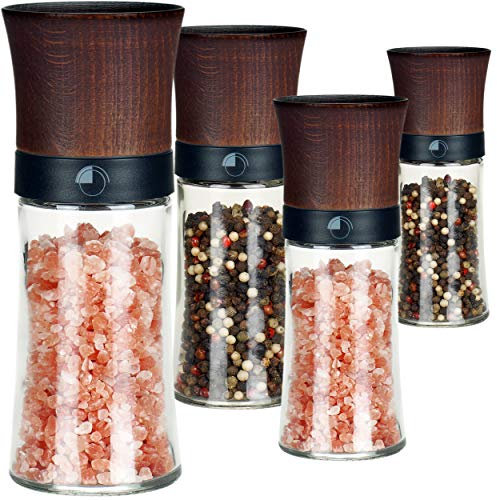 freiwerk Lot de 4 moulins à poivre/sel en céramique sans épices 150 ml Bois de hêtre foncé