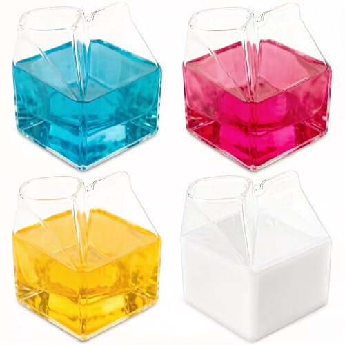 WUWEOT 4 Pack Glass Milk Carton, 350ml Clear Square Cocktail Glasses, Mini Cup Creamer Pitcher Coffee Box for Milk, Coffee, Water, Juice, Beverages, Heat Resistant