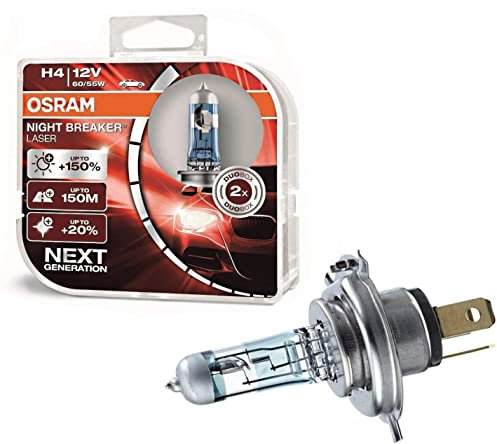 2x Osra.m H4 60/55W 12V P43t Night Breaker Laser +150% 64193NL-HCB hell Weiß Ersatz Scheinwerfer Halogen Auto Lampe - E-geprüft