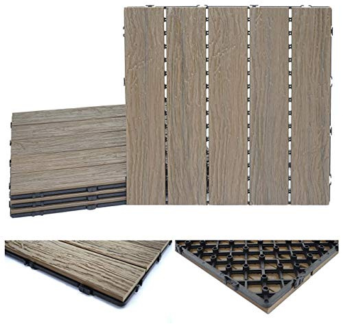 Baldosa de WPC Mendler HWC-E19, balcón/terraza con aspecto de madera, estructura 3D lineal, marrón claro, 4x cada 50x50cm = 1m², 76702