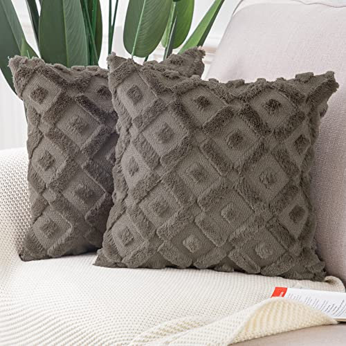 Madizz 2er Set Sanft Plüsch Kurze Wolle Samt Dekorativ Zierkissenbezüge Luxus Stil Kissenbezug für Sofa für Schlafzimmer Taupe 50x50 cm Quadrat