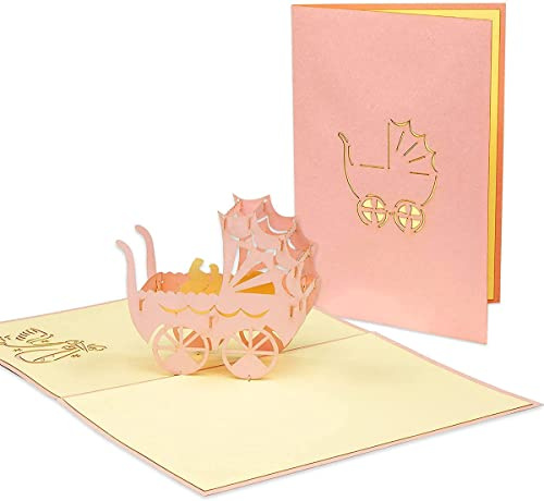 LINPOPUP® POP-UP Karte zur Schwangerschaft & Geburt – 3D Glückwunschkarte mit rosa Baby-Kinderwagen – Überraschungs-Klappkarte mit 3D Effekt N90