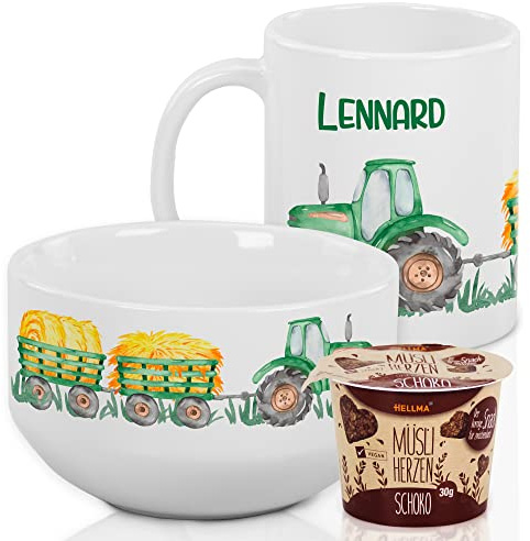 GRAZDesign Trecker Kindergeschirr Set Frühstücksset Kinder personalisiert mit Namen Müslischale mit Tasse 3-teiliges Geschirrset - Traktor
