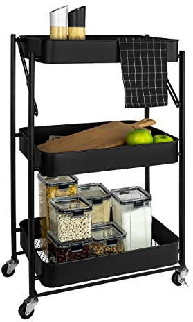 QUVIO Faltbarer Küchenwagen - Küchenwagen auf Rädern - Schrank auf Rädern - Aufbewahrungsregal - Servierwagen - Badezimmerwagen - 3 Schichten - Metall - 30 x 45 x 77 cm (LxBxH) - Schwarz