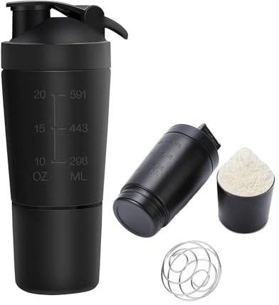 Golgner Coctelera de proteínas de acero inoxidable,coctelera de proteínas sport fitness,coctelera de proteínas fitness 600ml, con vaso de 200ml,para batidos de proteínas, dietéticos y fitness (negro)