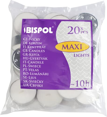 Bispol Tea Lights Long Lasting 10H Pack x20,Unscented Warm Tea Lights Candles,Maxi 5,7 Wide