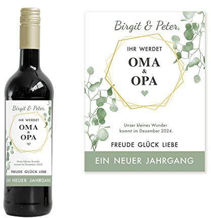 Mimi und Anton Personalisiertes Flaschenetikett Weinlabel Weinetikett | 9x12 cm | Schwangerschaft verkünden | Geburt | Serie Eukalyptus