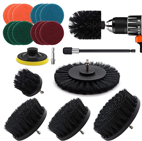 VIBRATITE 20 Pièces Brosse Nettoyage Perceuse, Multifonctionnel Brosse Visseuse Nettoyage Kit pour Salle de Bain, Cuisine, Tapis, Sol, Carreaux, Voiture, Jantes - Noir Drill Brush