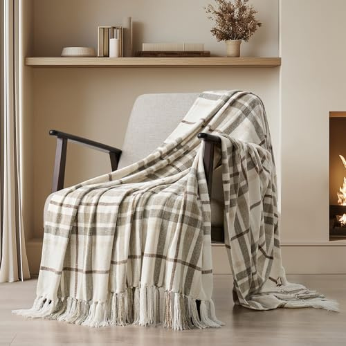 EverGrace Plaid Chenille Throw Blanket for Couch, Super Soft Cozy Decorative Farmhouse Plaid Throw with Tassels, Lightweight Chenille Knit Throw for Bed Sofa Gift Home Decor, Beige 50”x60”