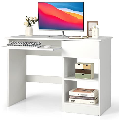 COSTWAY Schreibtisch mit Tastaturablage, Schublade und verstellbarem Regal, Computertisch, PC-Tisch, Bürotisch für kleine Räume, weiß, 108 x 48 x 75 cm