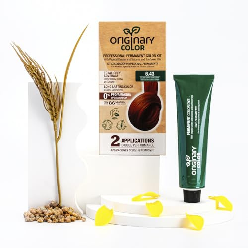 Originary Color - Kit de Coloración Profesional Permanente, Color 6-43 Rubio Oscuro Cobrizo Dorado 100 ml + Crema Oxidante 100 ml + Champú 30 ml | Fórmula sin amoniaco y sin PPD.
