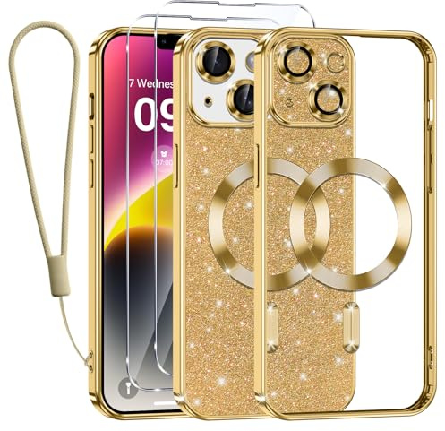 Kokio für iPhone 14 Plus Hülle Mit Glitzer Karte,[Kompatibel mit MagSafe],Mit 2*Schutzfolie und 1*Handykette,Kamera Objektivschutz,iPhone 14 Plus 6.7 Flash Handyhülle für Frauen Mädchen,Gold